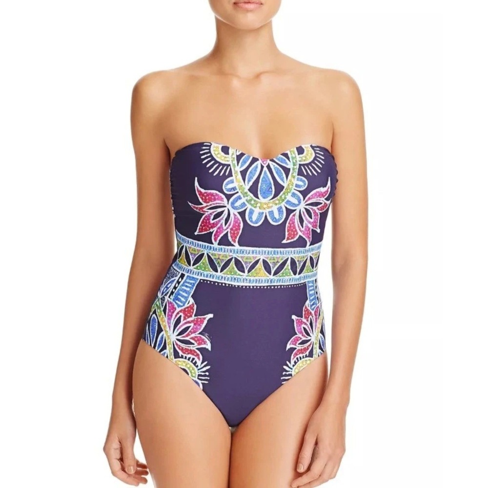 Trina Turk Lotus Batlik One Piece‎ Swimsuit Women 4 Navy Blue Strappy Halter